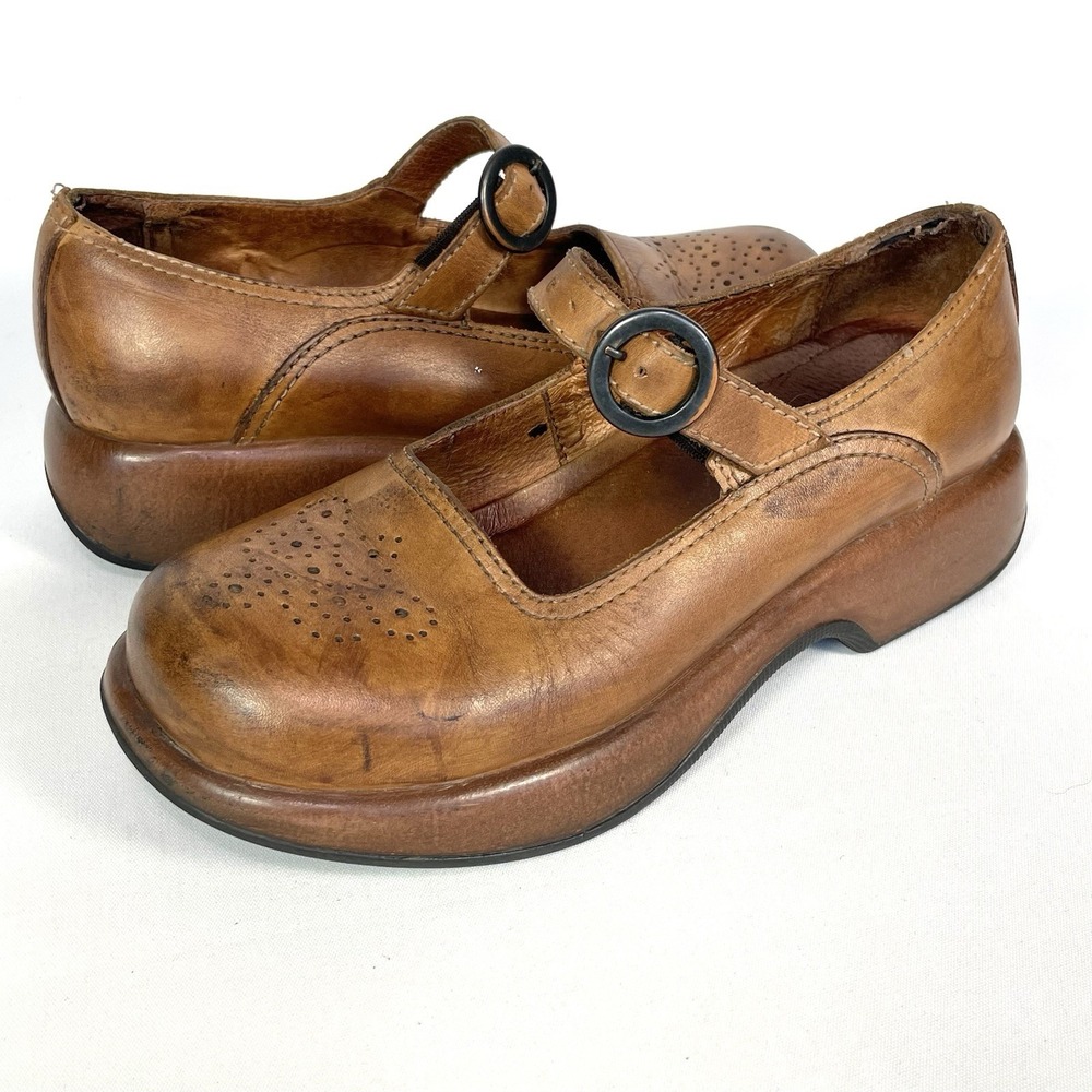 Vintage Dansko Mary Jane Clogs Womens 38 Brown Leather Buckle Platform Shoes